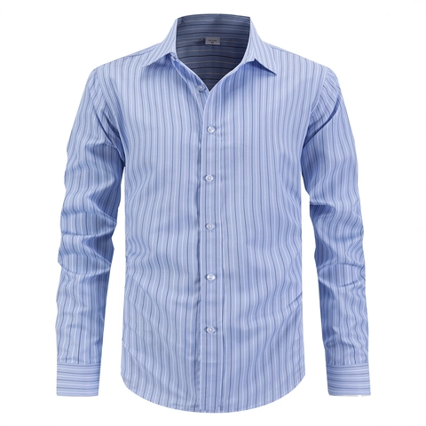 Camicia da Uomo Casual a Righe a Manica Lunga Business Gentleman Button Down Revers Poliestere No Stiro Moda Top S-3XL