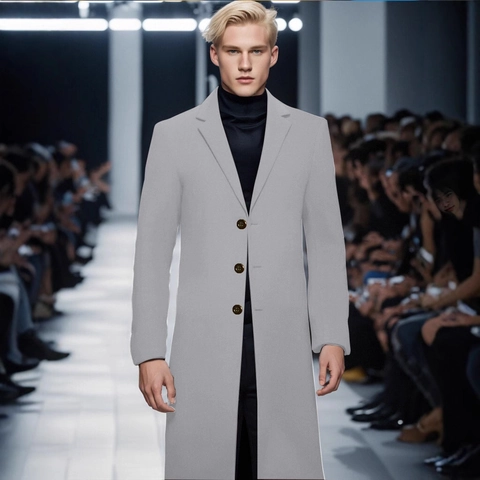 Men's British Classic Mid-Long Woolen Trench Coat Notch Lapel Single Breasted Solid Color Business Casual Slim Fit Overcoat Outerwear