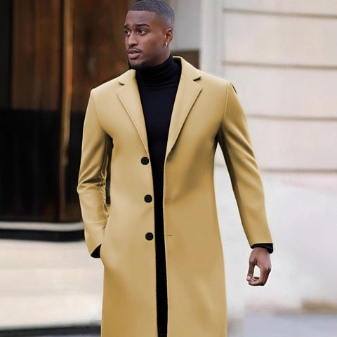 Men Long Woolen Style Coat Slim Fit Notched Lapel Single Breasted Overcoat For Business Casual Winter Autumn Outerwear