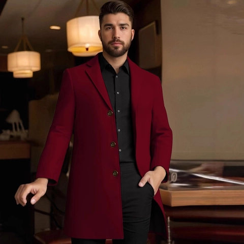 Cappotto da Uomo Lunghezza Media in Poliestere Resistente con Revers a Dente Monopetto Business Casual Calda Giacca Autunno Inverno per Uomo