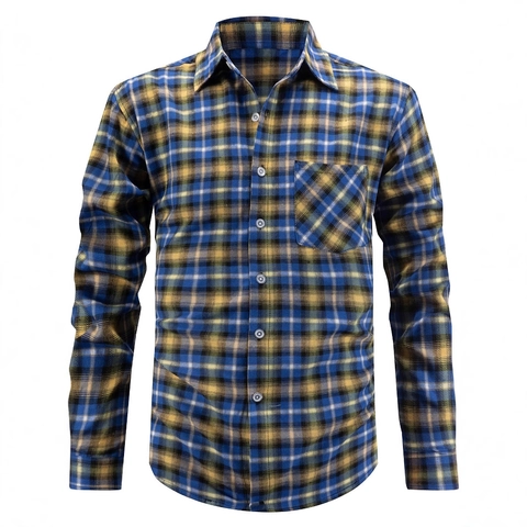 Men Plaid Long Sleeve Shirt Polyester Rayon Casual Turn Down Collar Button Up Top With Pocket For Outdoor Work Daily