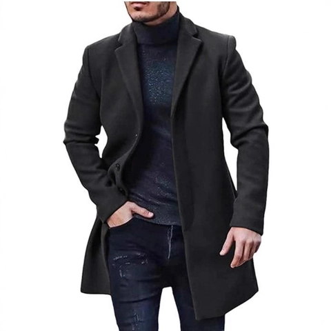 Manteau Mi-Long pour Hommes en Mélange de Laine Revers Boutonnage Simple Pour Business Casual Hiver Chaud Trench Outwear