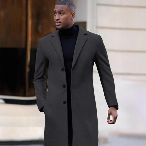 Men Long Woolen Style Coat Slim Fit Notched Lapel Single Breasted Overcoat For Business Casual Winter Autumn Outerwear