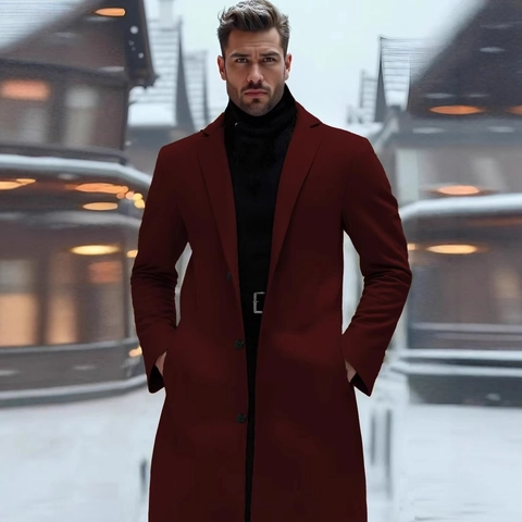 Men's Slim Fit Long Overcoat Solid Color Mercerized Polyester Autumn Winter Single Breasted Lapel Business Casual Trench Coat