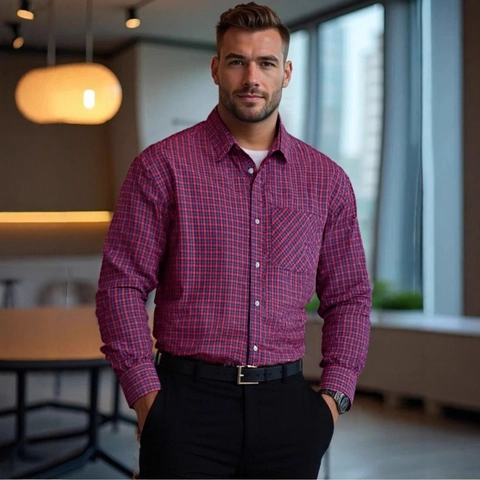 Heren Zakelijk Casual Geruit Overhemd Lange Mouw Button Down Gingham Top Met Zak Klassieke Pasvorm US Maat