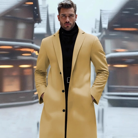 Men's Slim Fit Long Overcoat Solid Color Mercerized Polyester Autumn Winter Single Breasted Lapel Business Casual Trench Coat