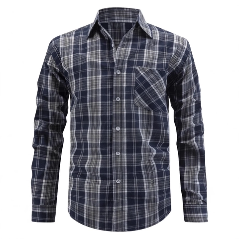 Men Plaid Shirt Long Sleeve Casual Checkered Top With Chest Pocket Regular Fit Polyester Blend Button Down Shirt
