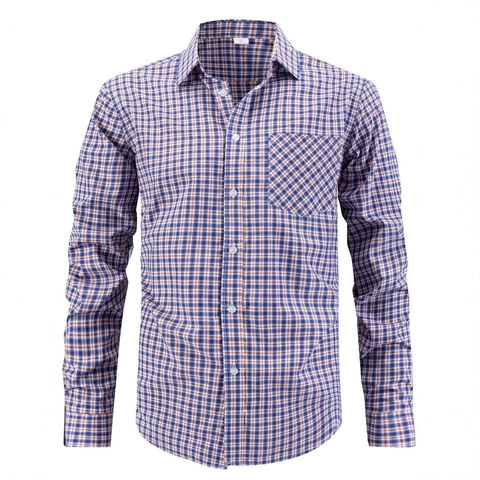Men Plaid Long Sleeve Shirt Business Casual Button Down Top With Pocket Non-Iron Polyester Viscose Blend Men Apparel