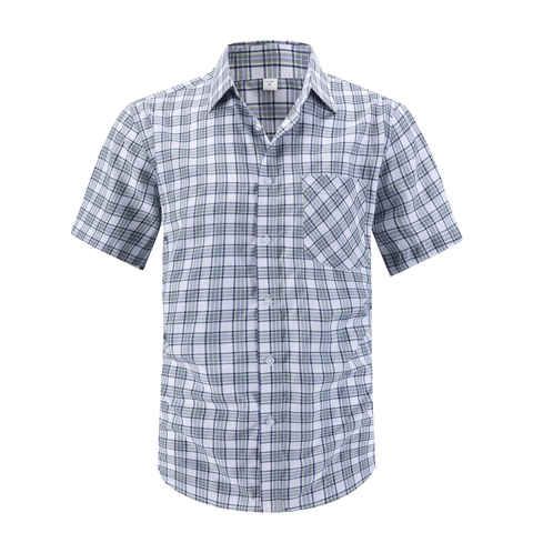 Men Short Sleeve Plaid Shirt Business Casual Button Down Top Summer Fashion Turn-down Collar Polyester Rayon Blend Shirt For Men