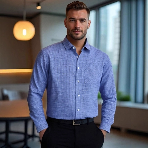 Camicia a Maniche Lunghe a Quadri Business Casual da Uomo in Poliestere con Colletto a Revers e Tasca sul Petto Taglia US