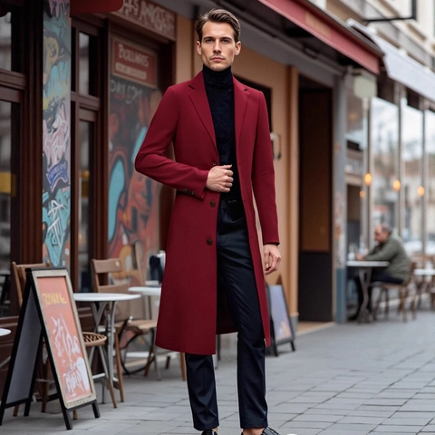 Men's Business Casual Polyester Single Breasted Trench Coat Over-the-Knee Notch Lapel Long Overcoat For Autumn Winter Wear