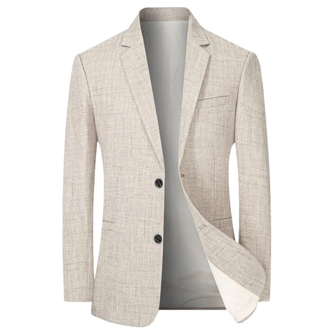 Blazer Homme Décontracté Coupe Ajustée Veste Mélange de Lin Texturé Col à Revers Simple Boutonnage Manteau Business Printemps