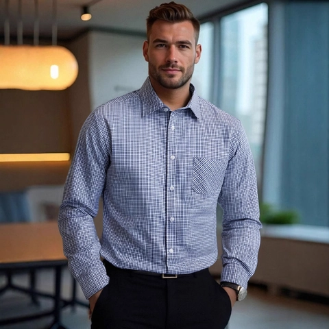 Camicia a Maniche Lunghe a Quadri Business Casual da Uomo in Poliestere con Colletto a Revers e Tasca sul Petto Taglia US