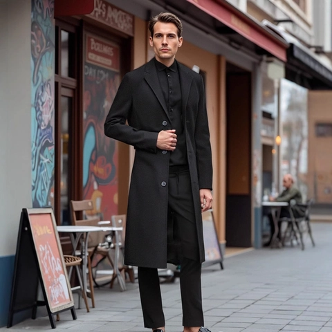 Men's Business Casual Polyester Single Breasted Trench Coat Over-the-Knee Notch Lapel Long Overcoat For Autumn Winter Wear