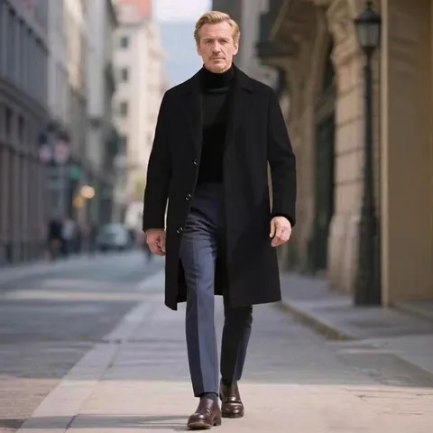 Men's Business Casual Woolen Look Trench Coat Slim Fit Single Breasted Long Overcoat Classic Windbreaker Jacket For Men