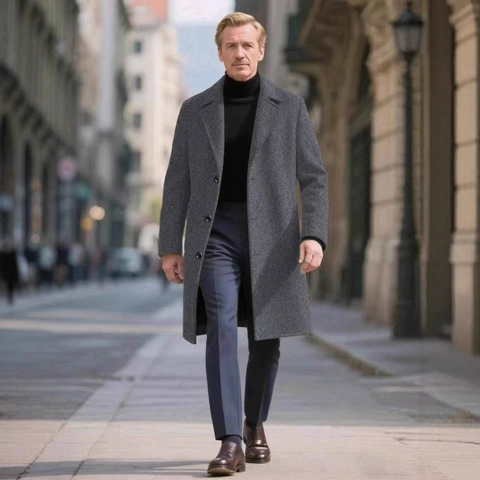 Men's Business Casual Woolen Look Trench Coat Slim Fit Single Breasted Long Overcoat Classic Windbreaker Jacket For Men
