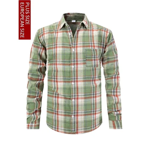 Men Casual Plaid Flannel Shirt Long Sleeve Button Down Business Office Shirt US Size Green Orange Check Pattern Top