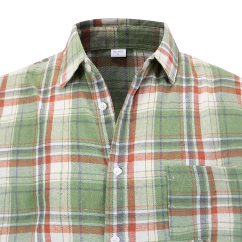 Men Casual Plaid Flannel Shirt Long Sleeve Button Down Business Office Shirt US Size Green Orange Check Pattern Top