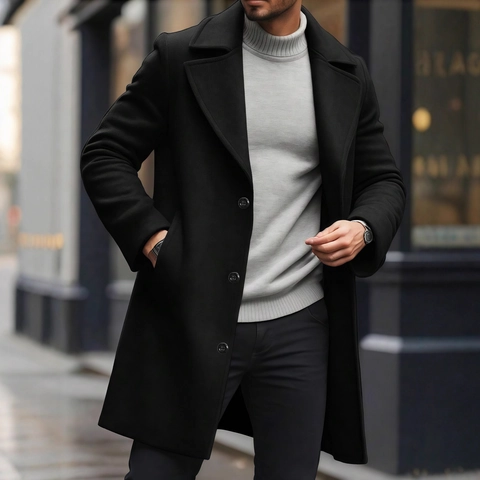 Men's Business Casual Mid Length Overcoat Slim Fit Single Breasted Polyester Trench Coat Lapel Jacket For Men Autumn Winter