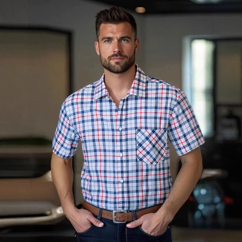 Camicia da Uomo Classica a Quadri a Maniche Corte Taglia USA Business Casual Revers Abbottonato Top Camicia in Misto Poliestere Rayon Con Tasca