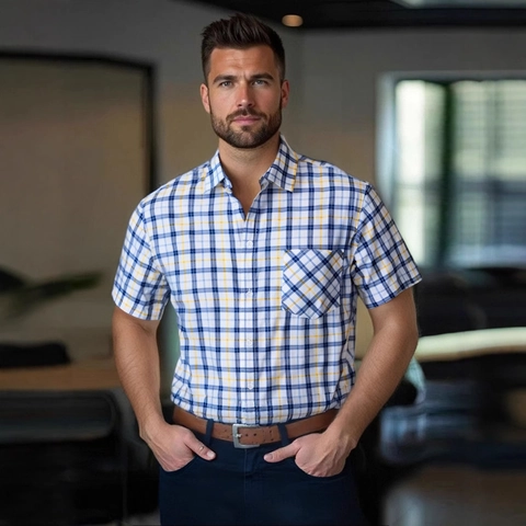 Camicia da Uomo Classica a Quadri a Maniche Corte Taglia USA Business Casual Revers Abbottonato Top Camicia in Misto Poliestere Rayon Con Tasca