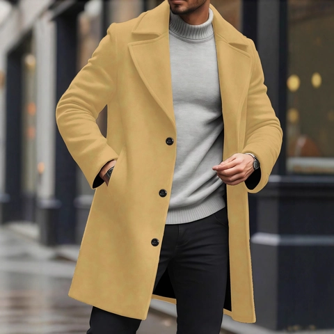 Men's Business Casual Mid Length Overcoat Slim Fit Single Breasted Polyester Trench Coat Lapel Jacket For Men Autumn Winter