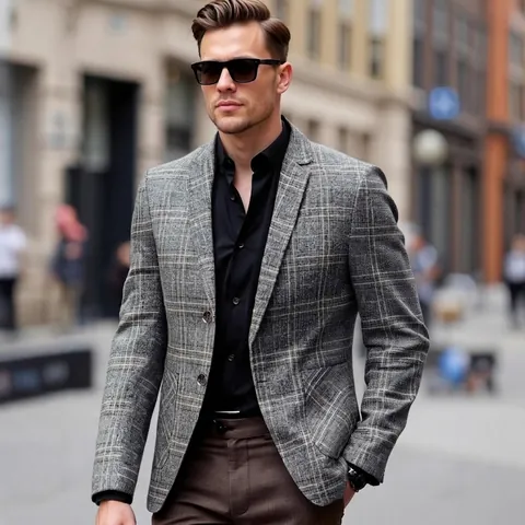 Men Casual Linen Plaid Blazer Notched Lapel Slim Fit Double Button Sport Coat Suit Jacket For Business Social Gathering