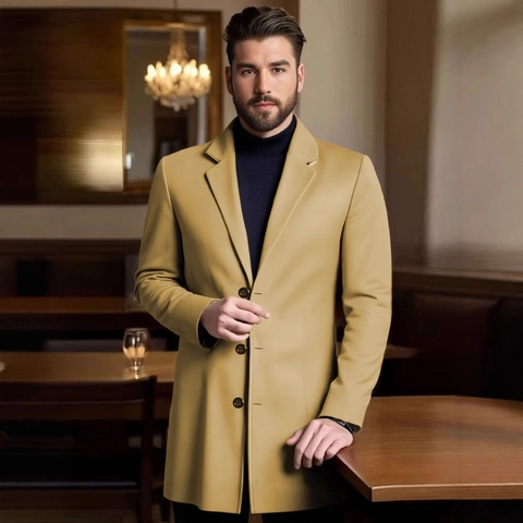 Men Mid Length Overcoat Slim Fit Business Casual Trench Coat Polyester Woolen Texture Single Breasted Windbreaker Jacket