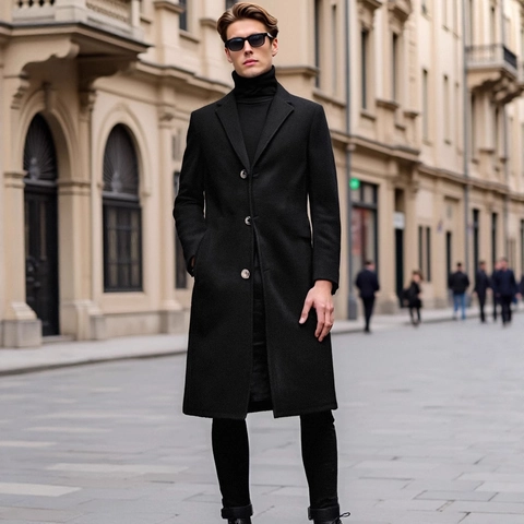 Men Trench Coat Polyester Single Breasted Long Overcoat Business Casual Slim Fit Outerwear For Autumn Winter