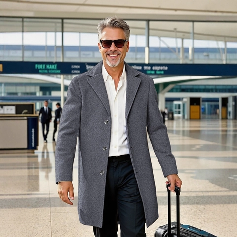 Men Mid Length Trench Coat Slim Fit Notched Lapel Single Breasted Solid Color Business Casual Overcoat For Men Outerwear