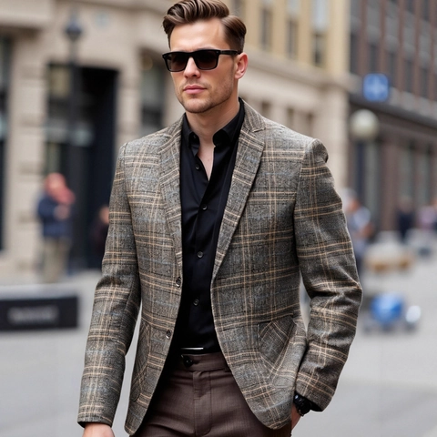 Men Casual Linen Plaid Blazer Notched Lapel Slim Fit Double Button Sport Coat Suit Jacket For Business Social Gathering