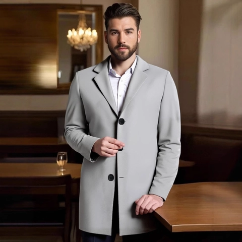 Men Mid Length Overcoat Slim Fit Business Casual Trench Coat Polyester Woolen Texture Single Breasted Windbreaker Jacket
