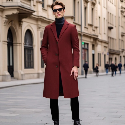 Men Trench Coat Polyester Single Breasted Long Overcoat Business Casual Slim Fit Outerwear For Autumn Winter