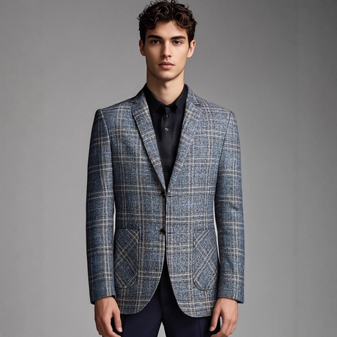 Veste de Blazer à Carreaux pour Hommes Mélange de Lin Revers Cranté Costume à Boutonnage Simple pour Fête Décontractée