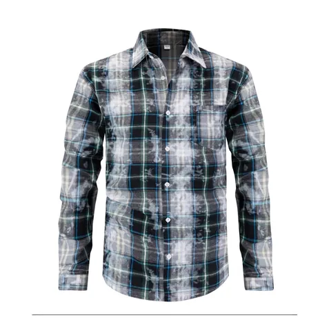 Men's Casual Long Sleeve Plaid Shirt Polyester Turn-down Collar Button Down Bleached Checkered Top For Daily Wear Party