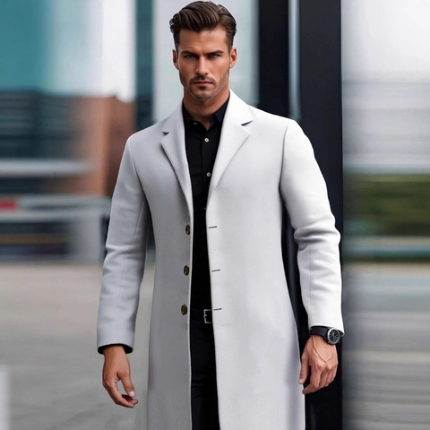Men's Long Trench Coat Slim Fit Single Breasted Notched Lapel Business Casual Overcoat For Autumn Winter Polyester Outerwear