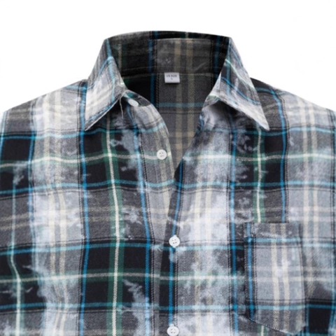 Men's Casual Long Sleeve Plaid Shirt Polyester Turn-down Collar Button Down Bleached Checkered Top For Daily Wear Party