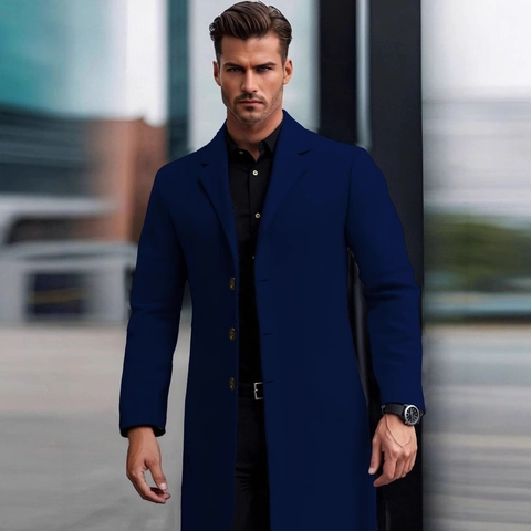 Men's Long Trench Coat Slim Fit Single Breasted Notched Lapel Business Casual Overcoat For Autumn Winter Polyester Outerwear