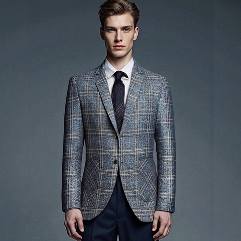 Chaqueta Americana de Cuadros para Hombre Ajuste Delgado Solapa de Muesca Dos Botones Negocios Informal Oficina Abrigo Deportivo