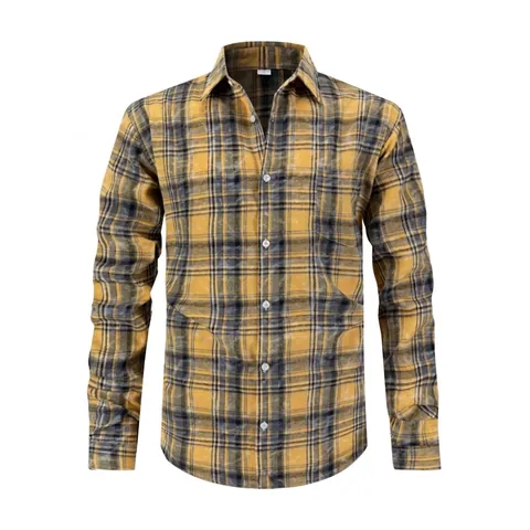 Men Casual Plaid Flannel Shirt Long Sleeve Button Down Lapel Top With Pocket Yellow Black Checked Shirts For Daily Outdoor