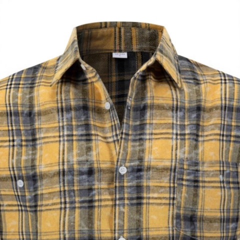 Men Casual Plaid Flannel Shirt Long Sleeve Button Down Lapel Top With Pocket Yellow Black Checked Shirts For Daily Outdoor