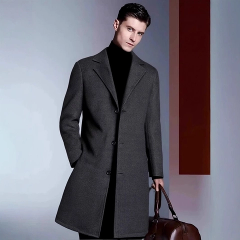 Men's Long Overcoat Slim Fit Business Casual Trench Coat Polyester Single Breasted Lapel Collar Autumn Winter Outerwear