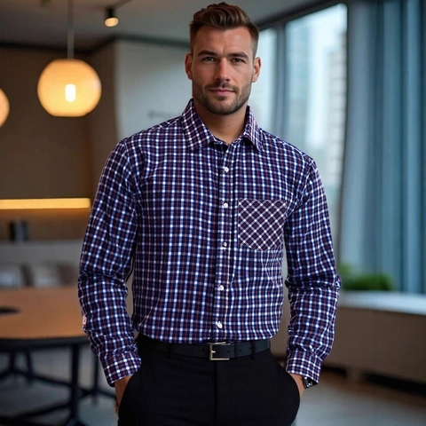 Camicia Casual a Quadri da Uomo a Maniche Lunghe Senza Stiro Misto Poliestere Rayon Colletto Rovesciato Top da Ufficio