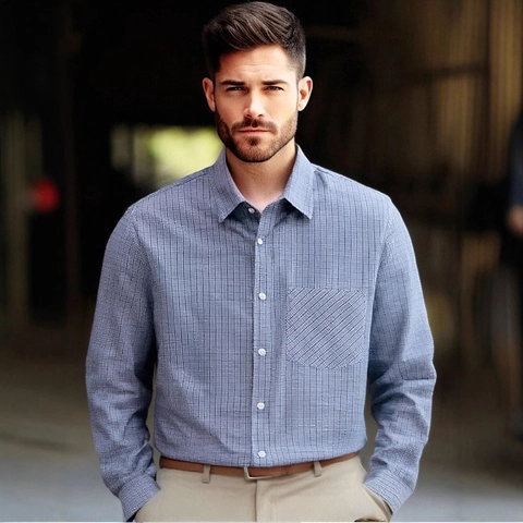 Chemise à Carreaux Business Casual pour Hommes Manches Longues Boutonnage Revers Top Avec Poche Mélange Polyester Rayonne