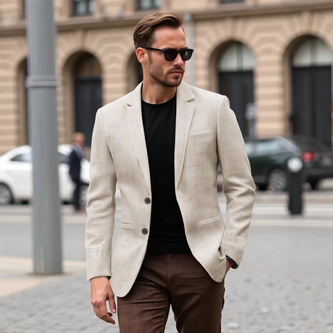 Blazer Casual Entallado Para Hombre Con Solapa De Muesca Chaqueta Ligera De Mezcla De Lino De Una Sola Fila Para Oficina Negocios