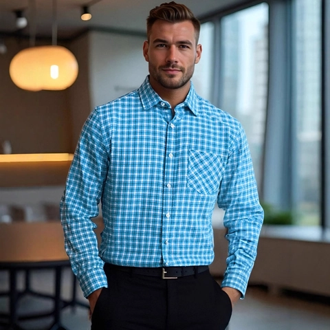 Camicia Casual a Quadri da Uomo a Maniche Lunghe Senza Stiro Misto Poliestere Rayon Colletto Rovesciato Top da Ufficio