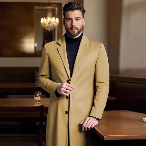 Men Business Casual Overcoat Slim Fit Notched Lapel Single Breasted Long Trench Coat Elegant Solid Color Men Outerwear
