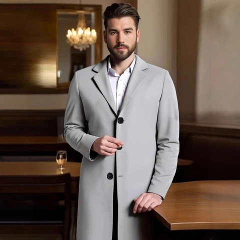 Men Business Casual Overcoat Slim Fit Notched Lapel Single Breasted Long Trench Coat Elegant Solid Color Men Outerwear