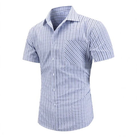 Men Business Casual Short Sleeve Shirt Plaid Stripe Patch Pocket Lapel Button Down Woven Tops Polyester Rayon Blend Fabric