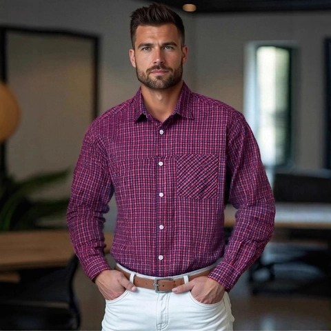 Herren Kariertes Hemd Langarm Knopfleiste Business Casual Top Mit Brusttasche Polyester Viskose Mischung Herren Bekleidung